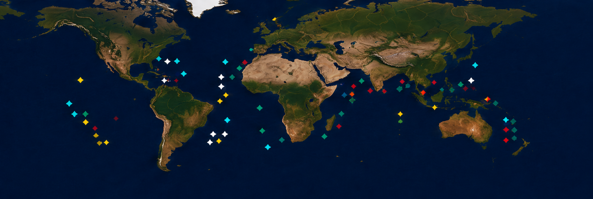 Global maritime intelligence map with vessel, FPSO, rig and wind farm activity markers