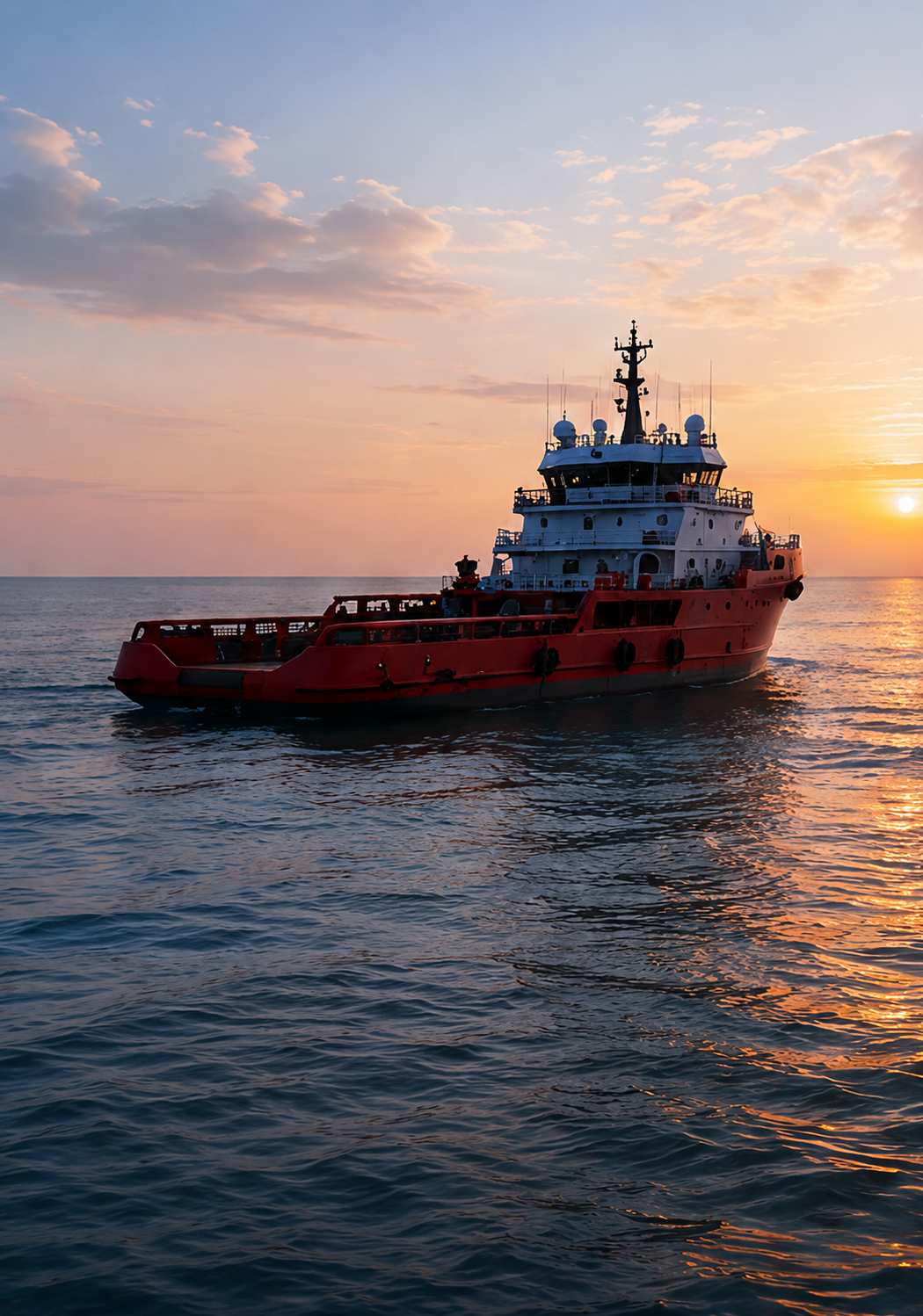 Offshore support vessel underway at sunset